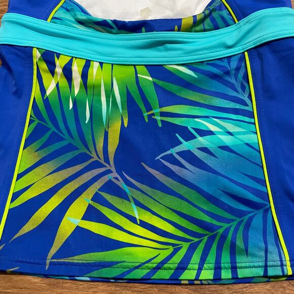 Lands End Womens Blue Green Palm Leaf Racerback Tankini Swim Top Size 2 Modest - Picture 4 of 6